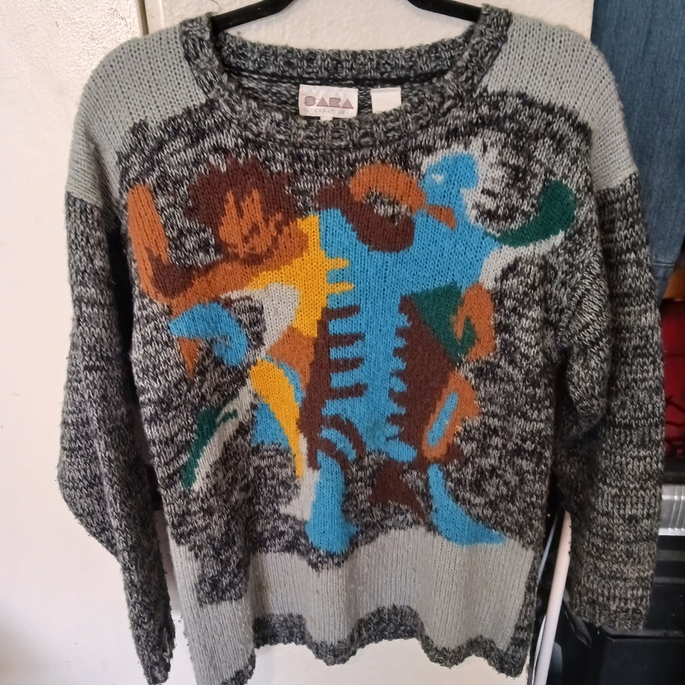 VTG 80s Sara International Pullover  Sweater Size Small Dancing Figures Acrylic